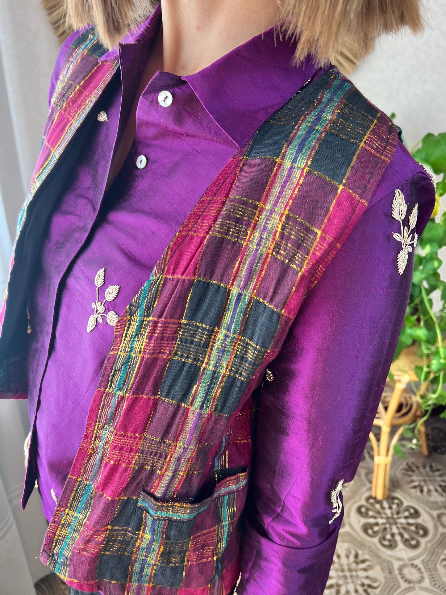 1970's vintage purple and gold plaid vest