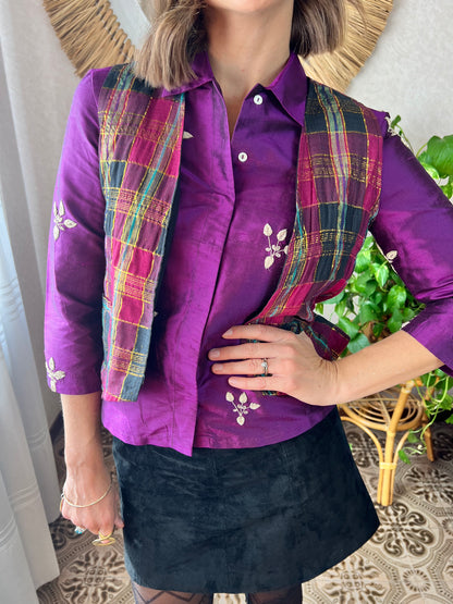 1970's vintage purple and gold plaid vest