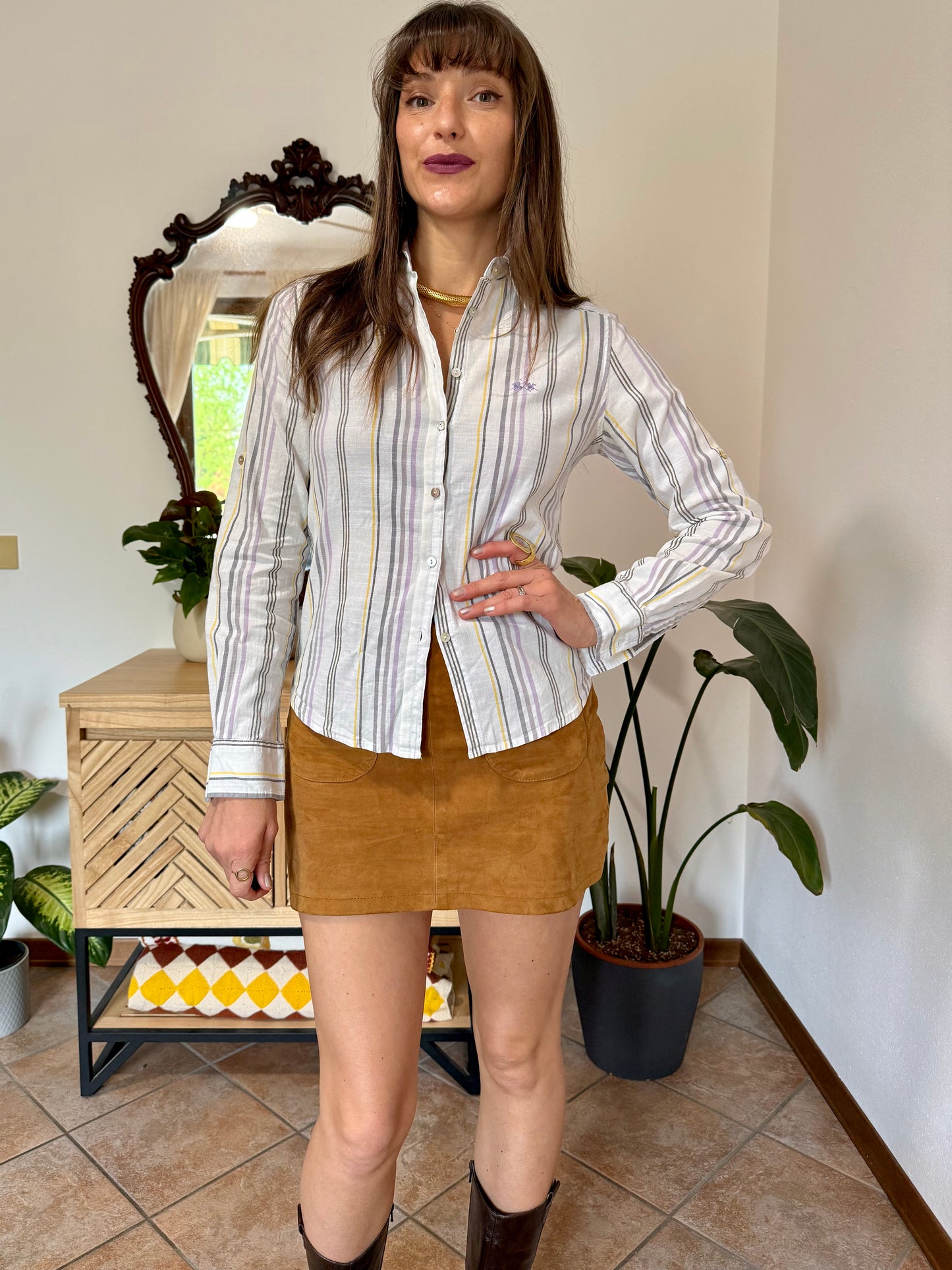 Y2k vintage white, lilac and yellow vertical stripe linen and cotton blend shirt