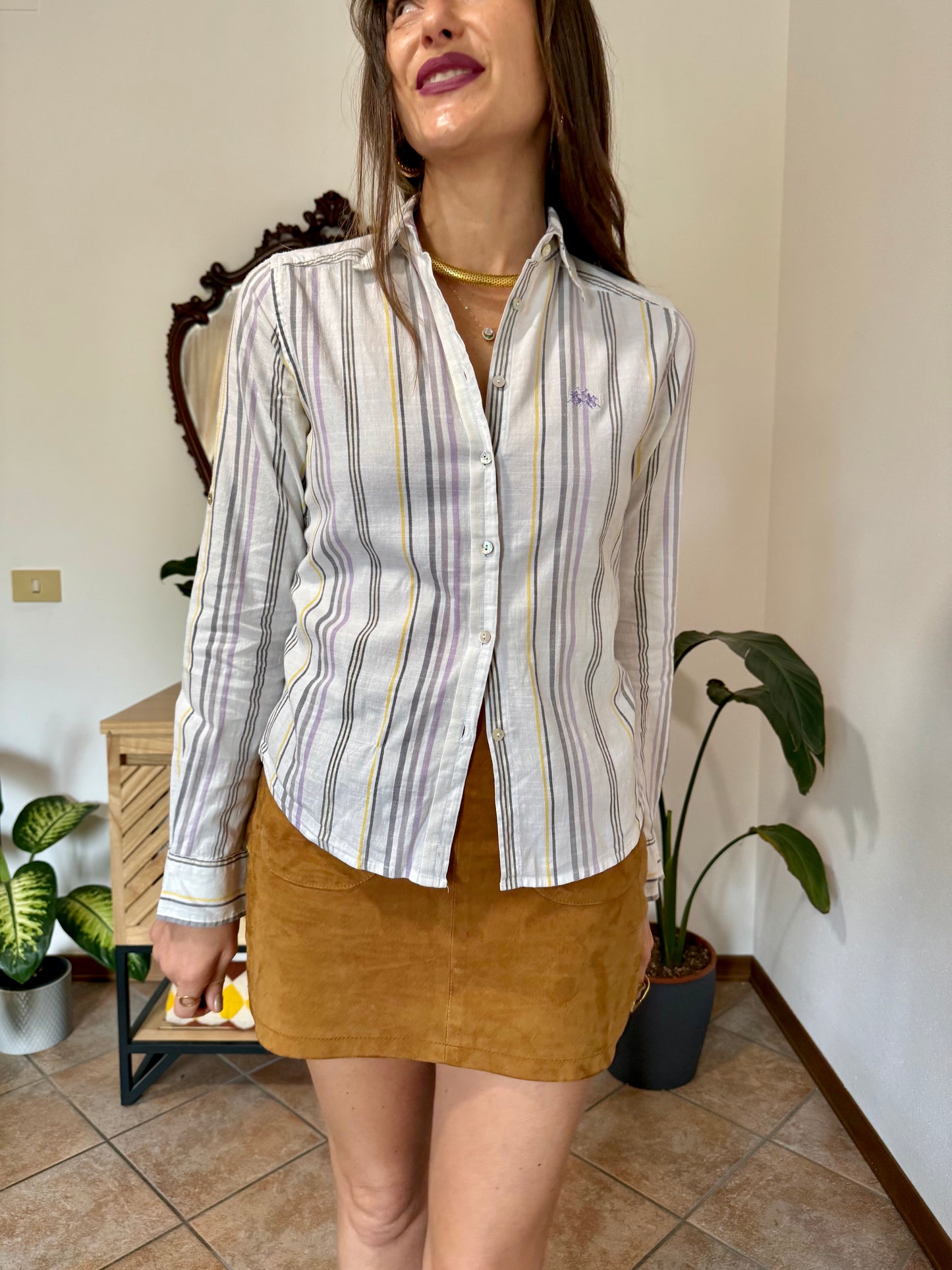 Y2k vintage white, lilac and yellow vertical stripe linen and cotton blend shirt