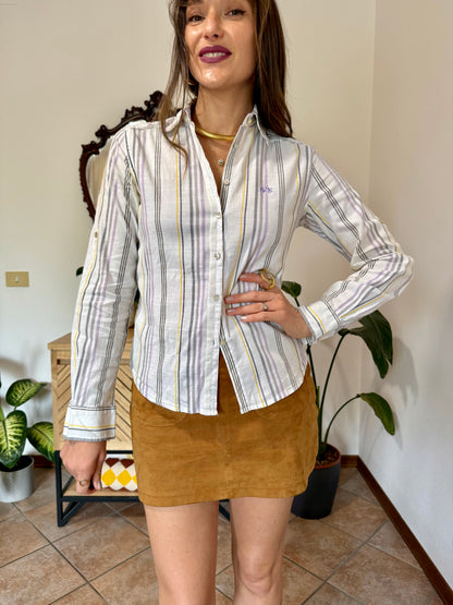 Y2k vintage white, lilac and yellow vertical stripe linen and cotton blend shirt