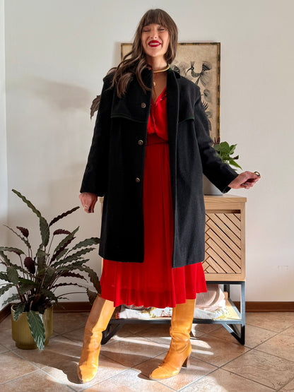 1950's vintage charcoal grey tyrol coat with green trimming and red and green plaid wool lining