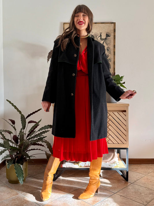 1950's vintage charcoal grey tyrol coat with green trimming and red and green plaid wool lining