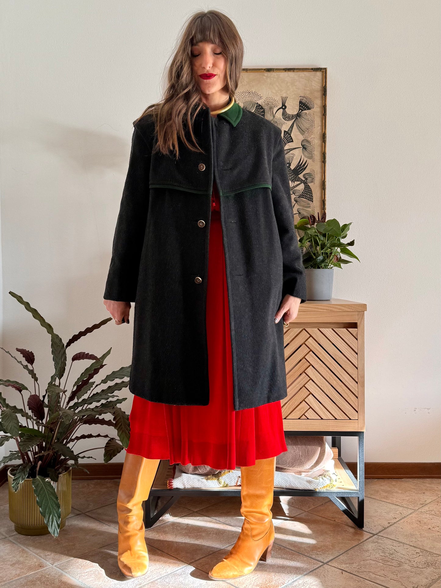 1950's vintage charcoal grey tyrol coat with green trimming and red and green plaid wool lining