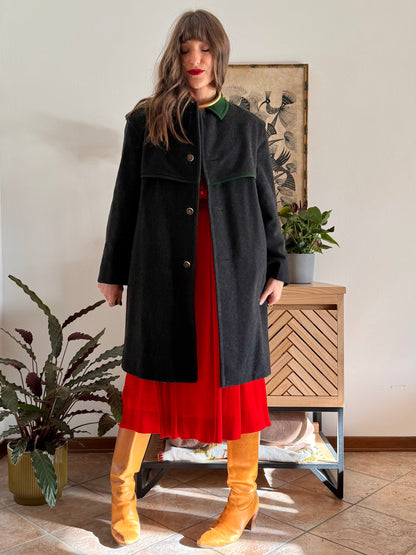 1950's vintage charcoal grey tyrol coat with green trimming and red and green plaid wool lining