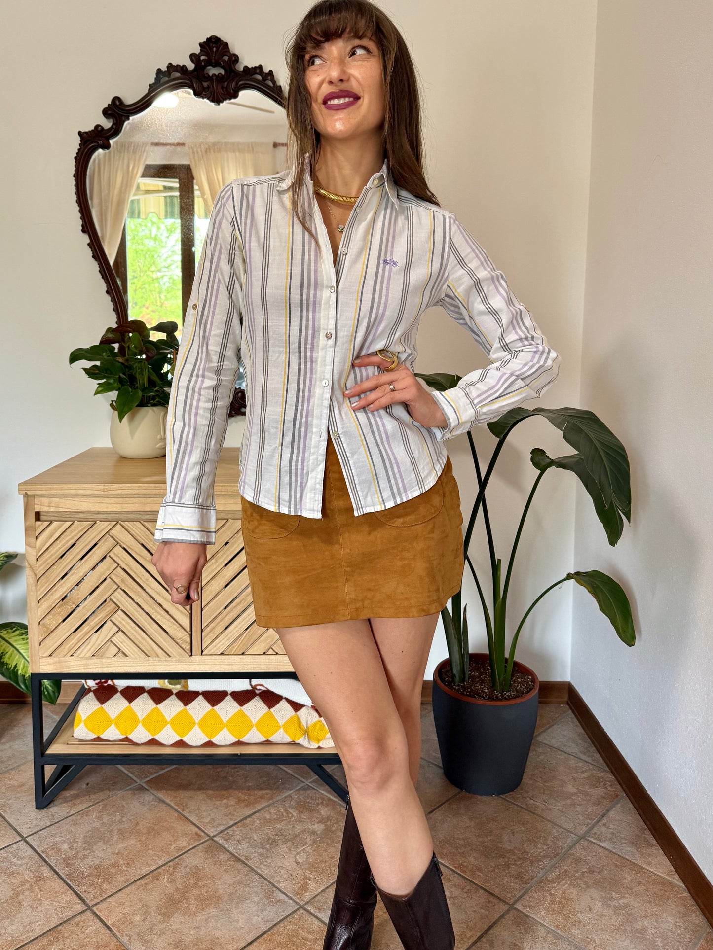 Y2k vintage white, lilac and yellow vertical stripe linen and cotton blend shirt