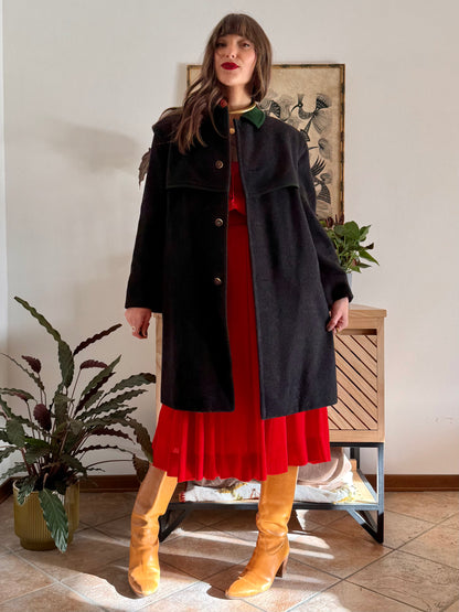 1950's vintage charcoal grey tyrol coat with green trimming and red and green plaid wool lining