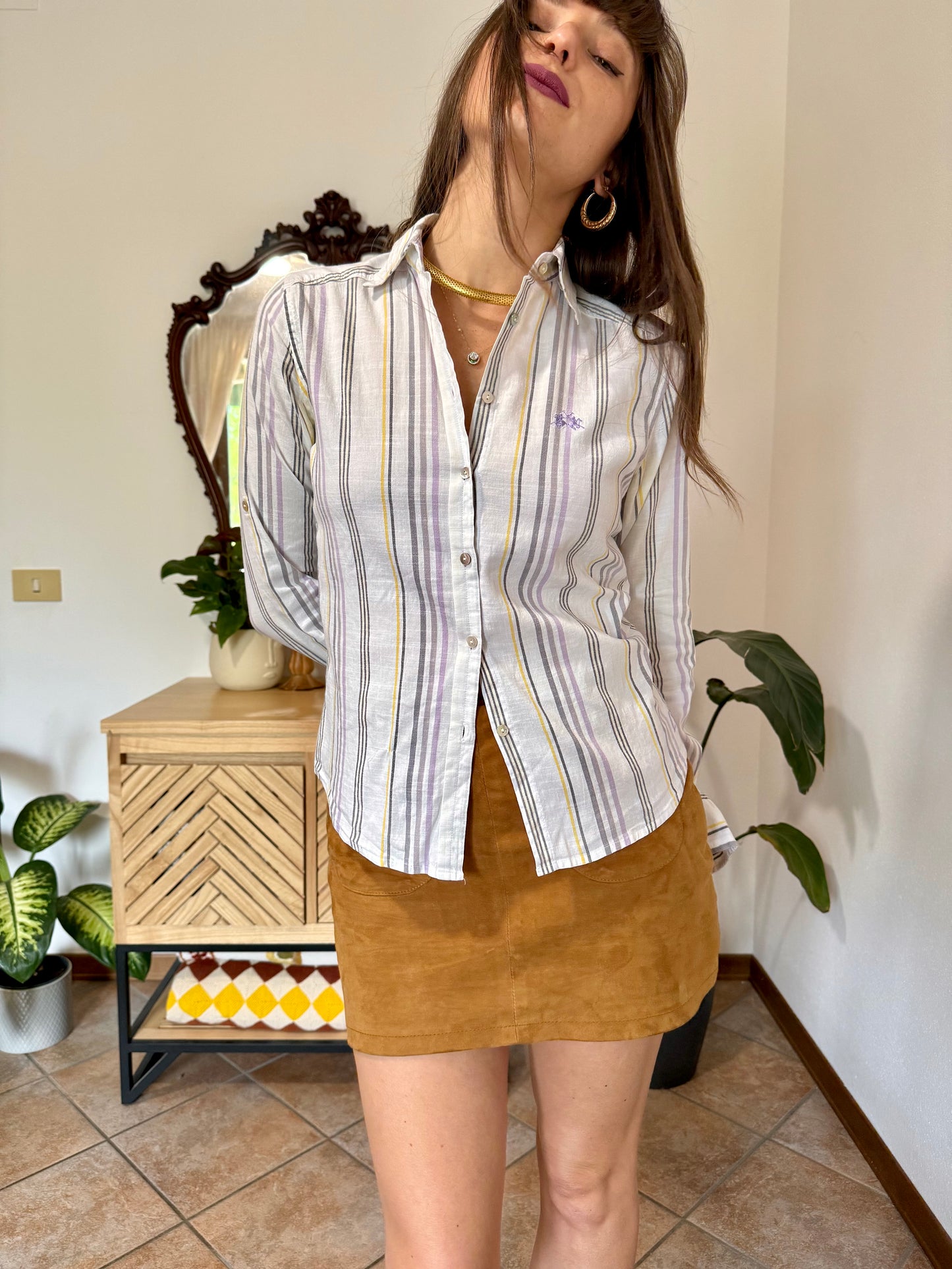 Y2k vintage white, lilac and yellow vertical stripe linen and cotton blend shirt