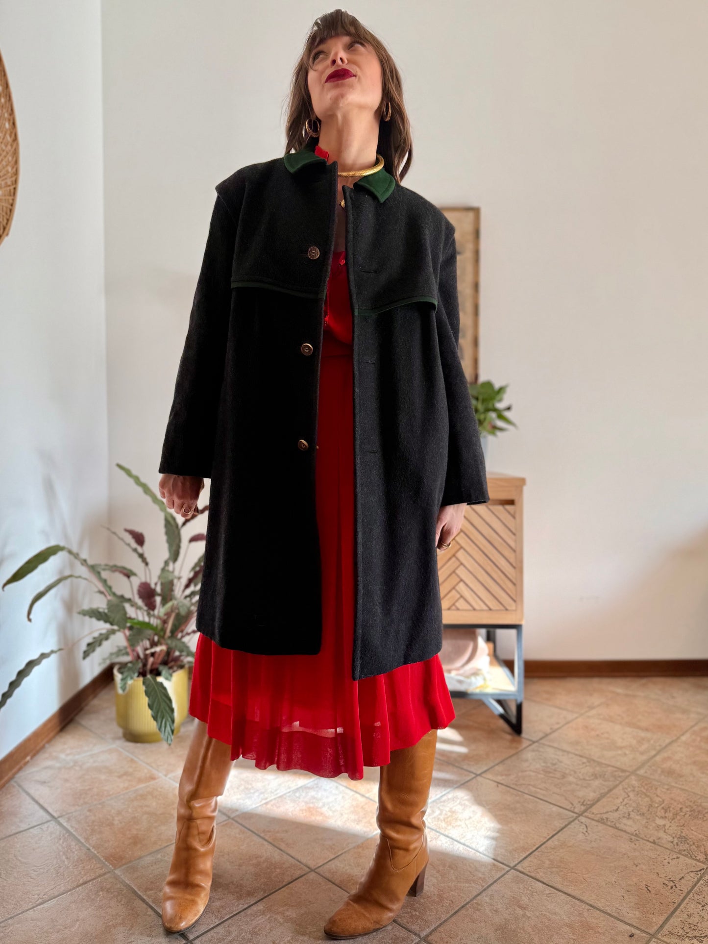 1950's vintage charcoal grey tyrol coat with green trimming and red and green plaid wool lining