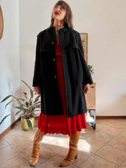 1950's vintage charcoal grey tyrol coat with green trimming and red and green plaid wool lining