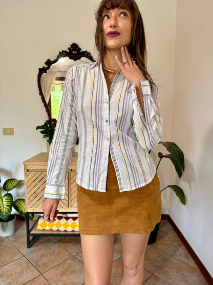 Y2k vintage white, lilac and yellow vertical stripe linen and cotton blend shirt
