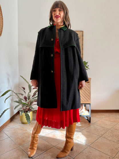 1950's vintage charcoal grey tyrol coat with green trimming and red and green plaid wool lining