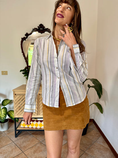 Y2k vintage white, lilac and yellow vertical stripe linen and cotton blend shirt