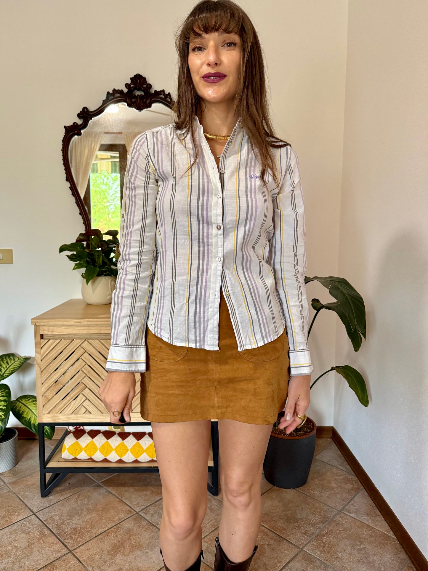 Y2k vintage white, lilac and yellow vertical stripe linen and cotton blend shirt