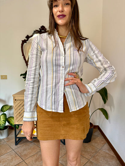 Y2k vintage white, lilac and yellow vertical stripe linen and cotton blend shirt