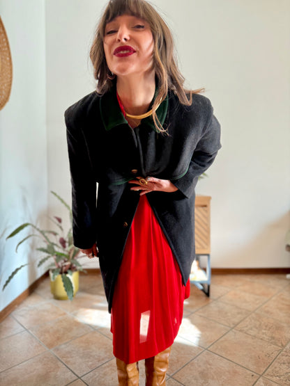 1950's vintage charcoal grey tyrol coat with green trimming and red and green plaid wool lining