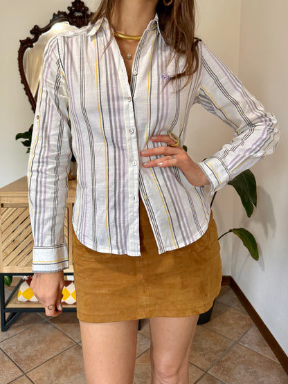 Y2k vintage white, lilac and yellow vertical stripe linen and cotton blend shirt