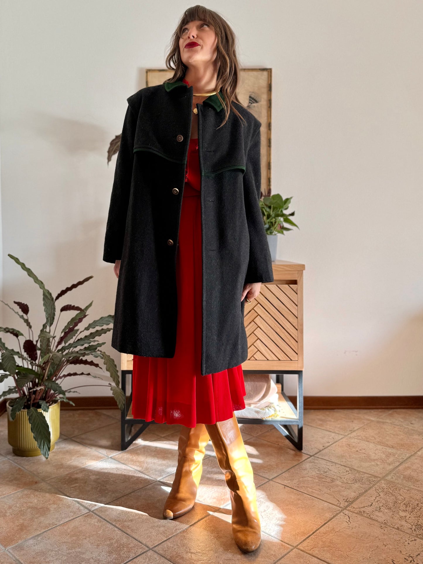 1950's vintage charcoal grey tyrol coat with green trimming and red and green plaid wool lining