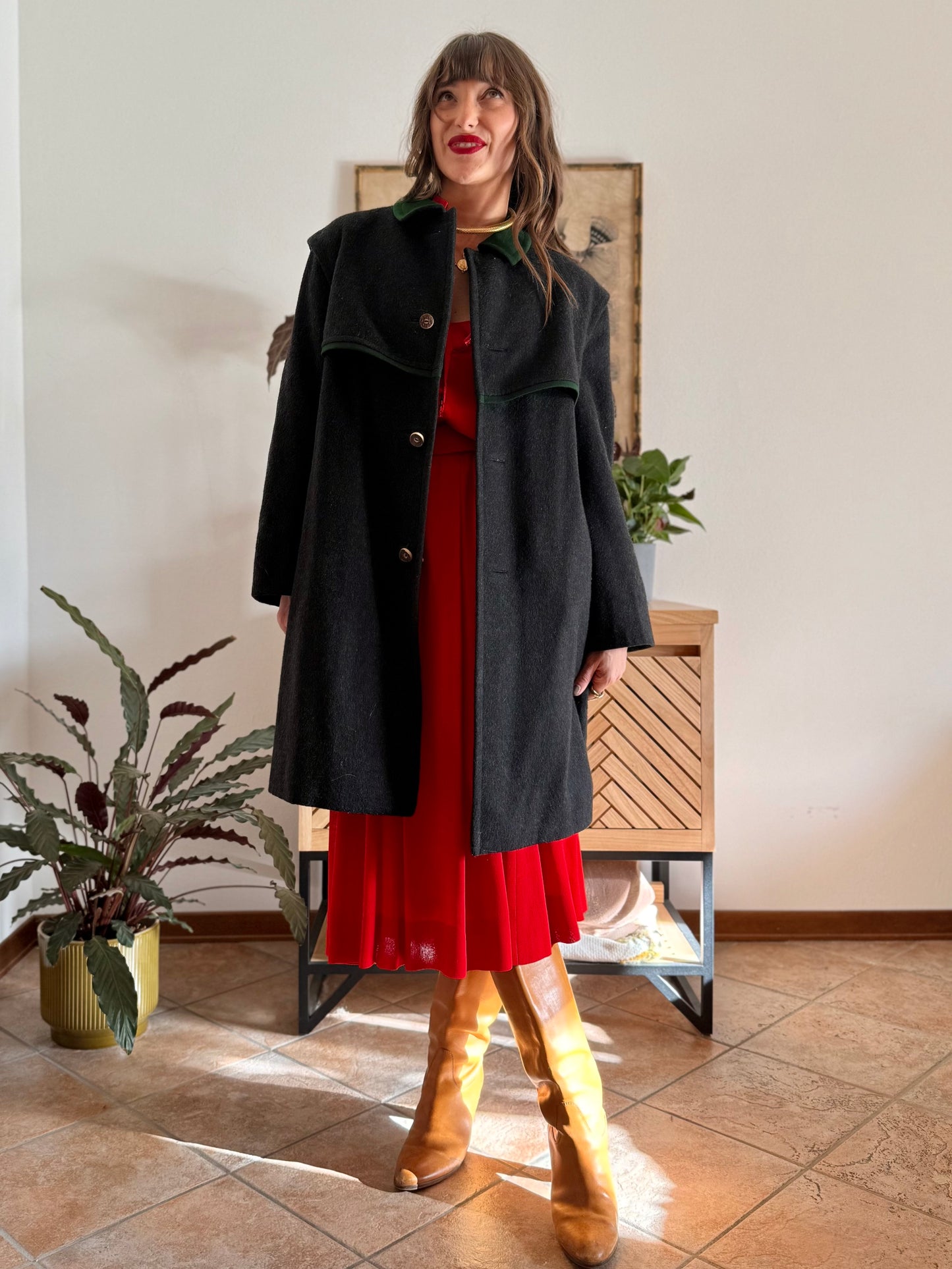 1950's vintage charcoal grey tyrol coat with green trimming and red and green plaid wool lining