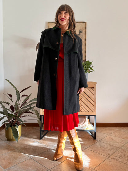 1950's vintage charcoal grey tyrol coat with green trimming and red and green plaid wool lining