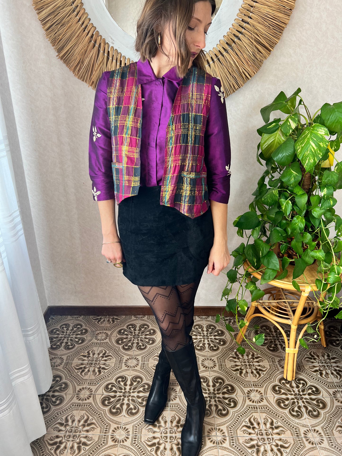 1970's vintage purple and gold plaid vest