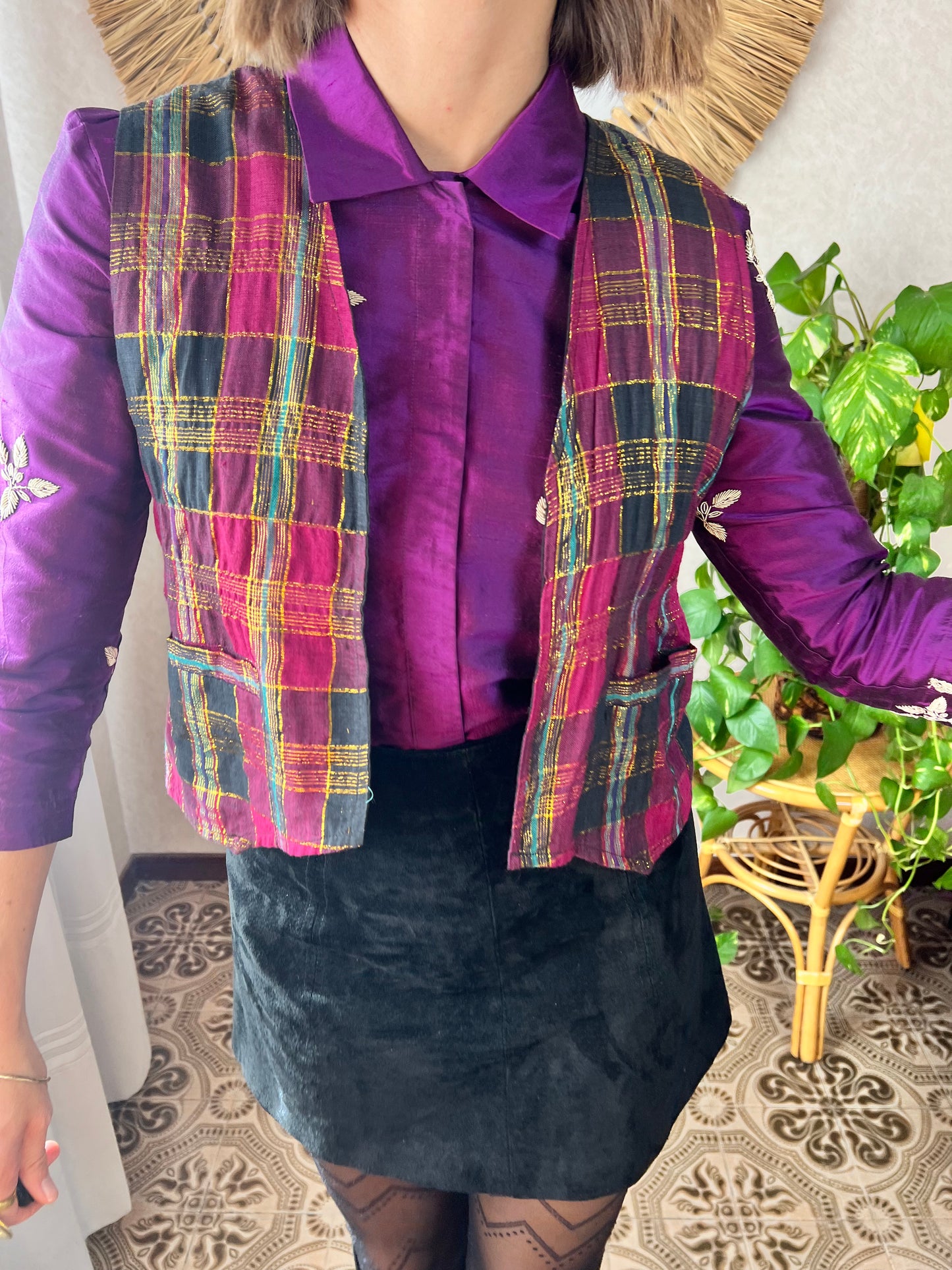 1970's vintage purple and gold plaid vest