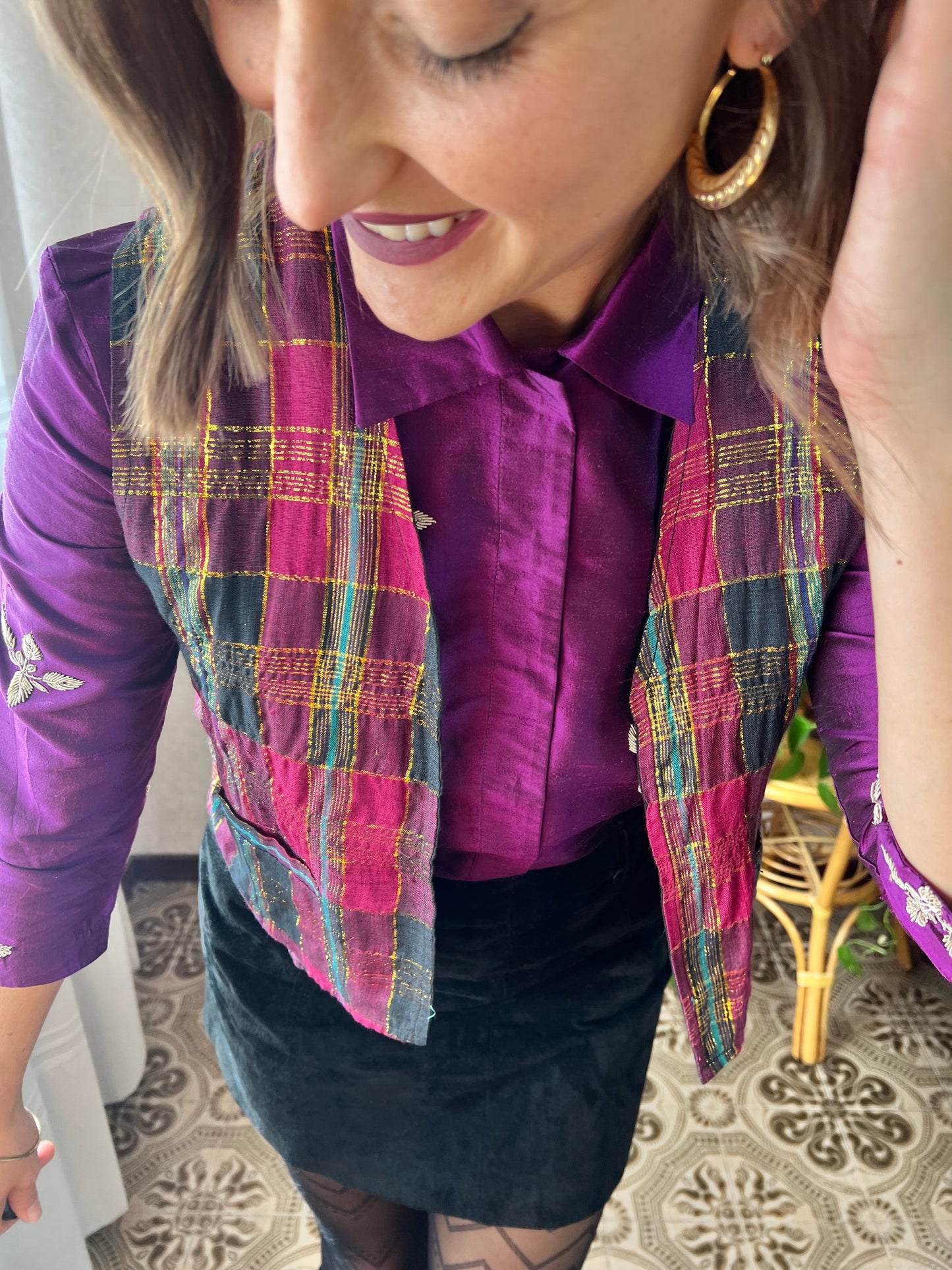 1970's vintage purple and gold plaid vest