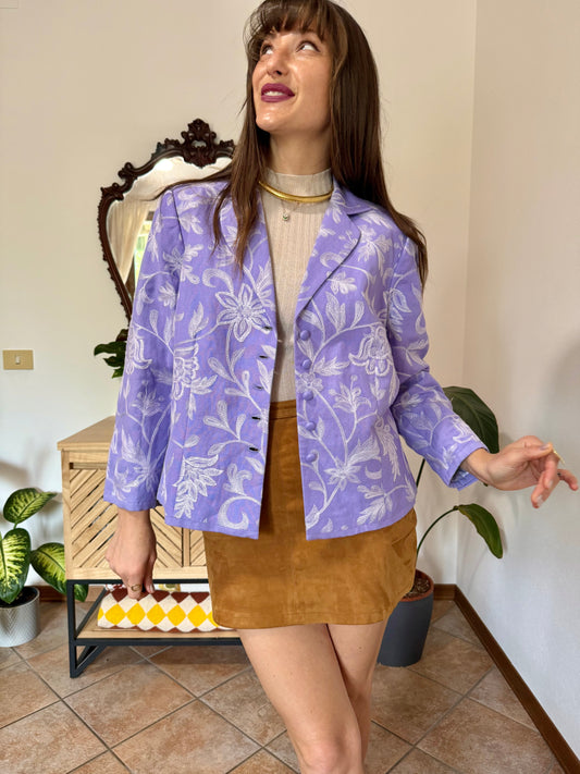 1990's vintage lilac linen blend blazer with all over floral embroidery