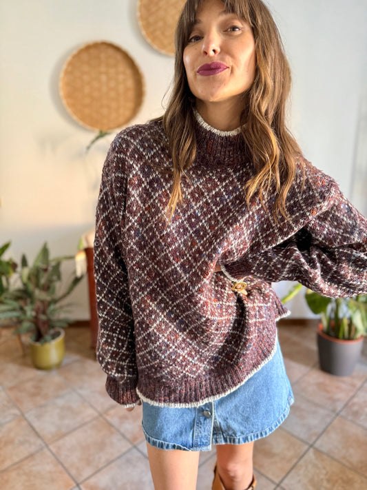 1990's vintage purple, brown and grey geometric knit pullover with multicolor specks