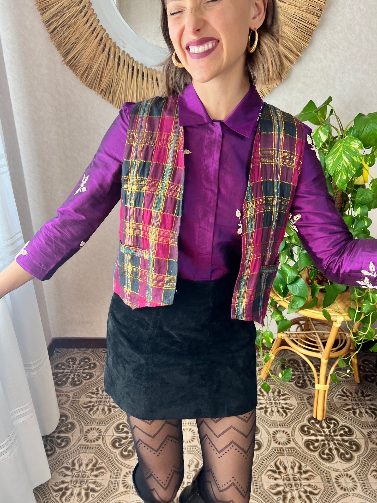 1970's vintage purple and gold plaid vest