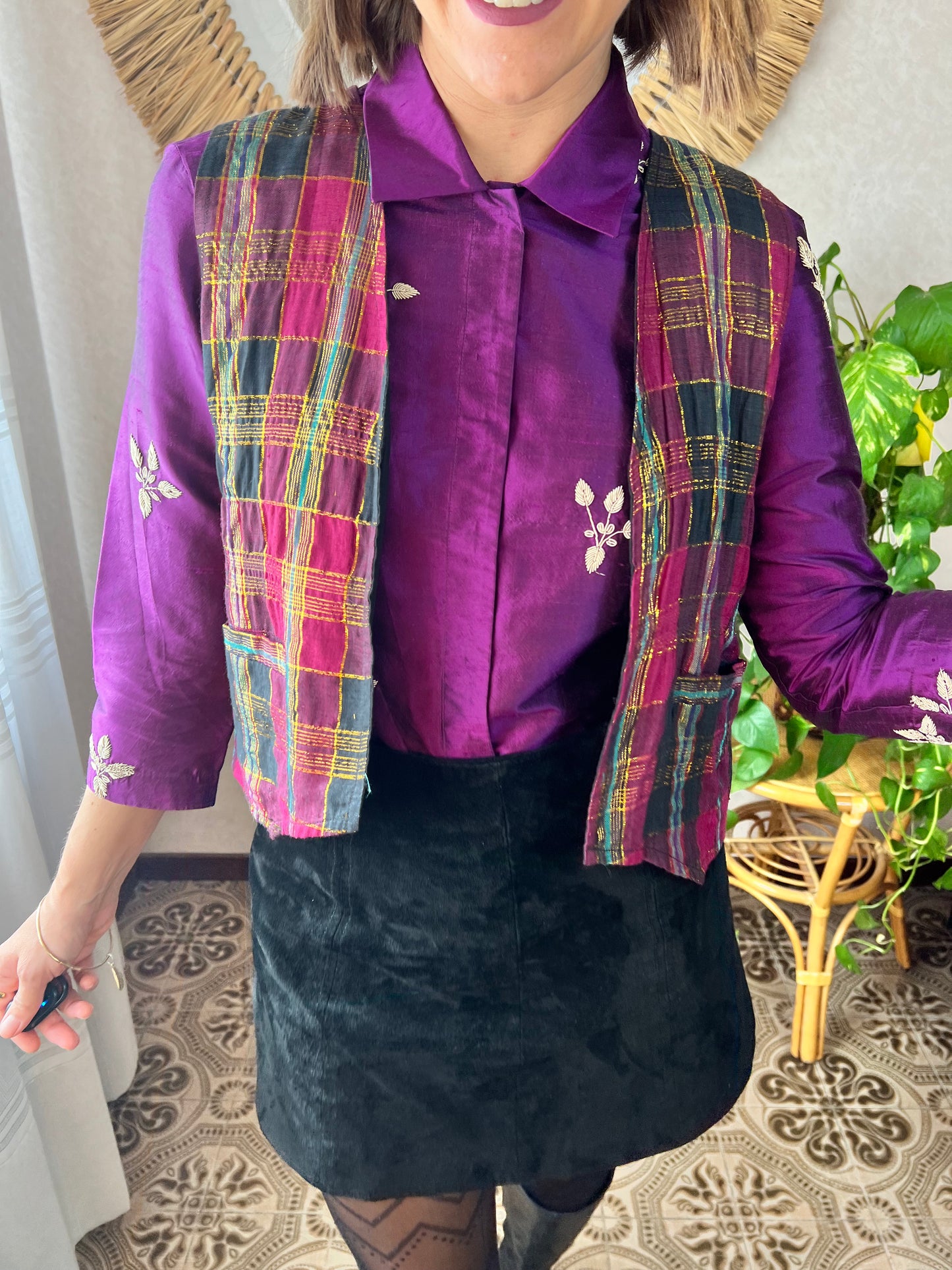 1970's vintage purple and gold plaid vest