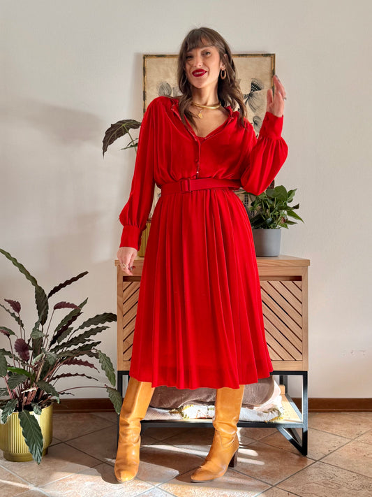 1970's vintage red pleated wool mini dress with matching belt and sequin details