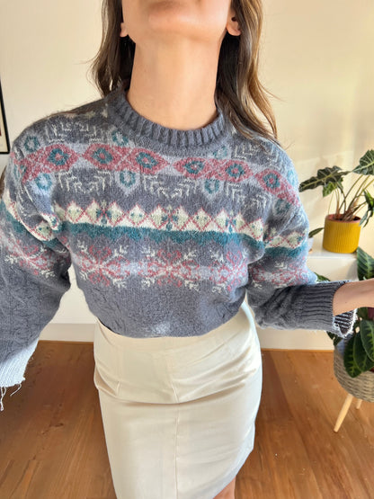 1970's vintage grey and rose fair isle knit wool pullover