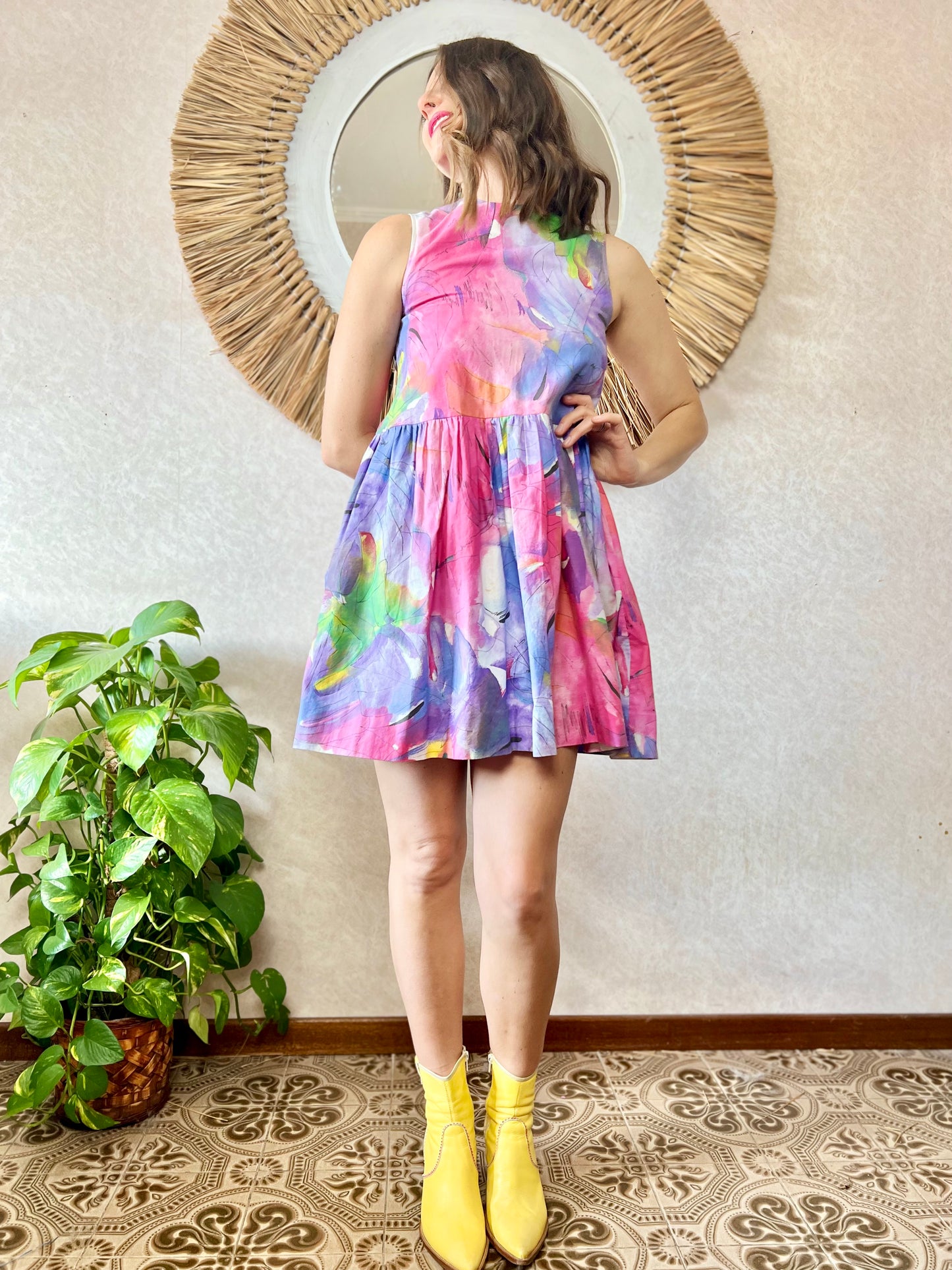 1970's vintage rainbow watercolor abstract print babydoll mini dress