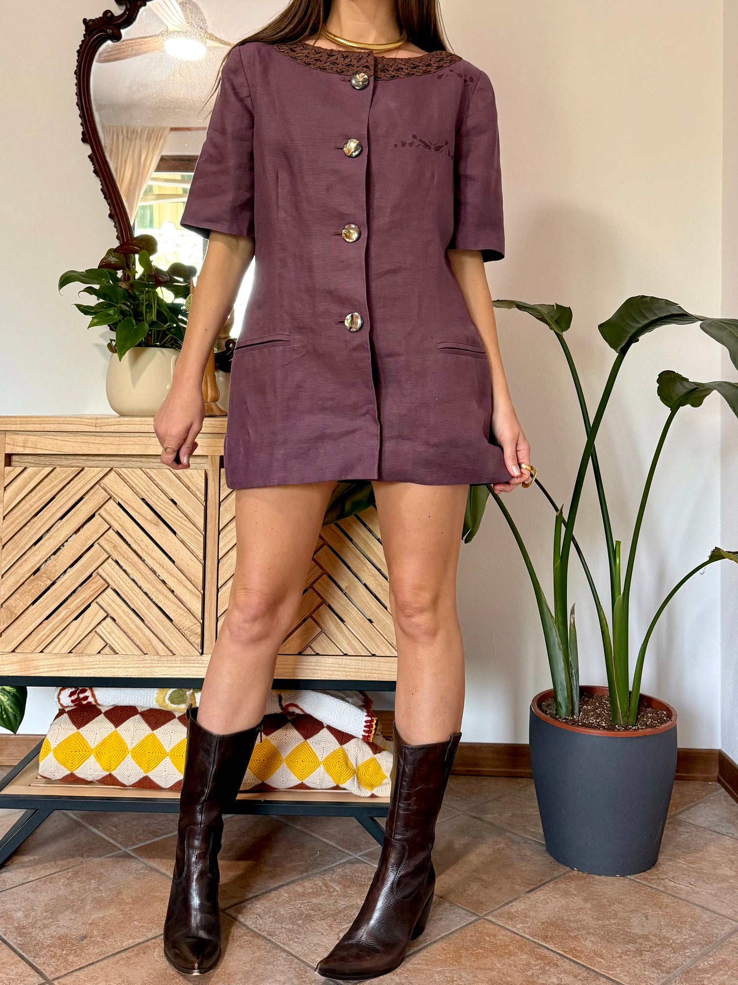 1990's vintage purple linen mini dress with oversize mother of pearl buttons and glass bead detailing