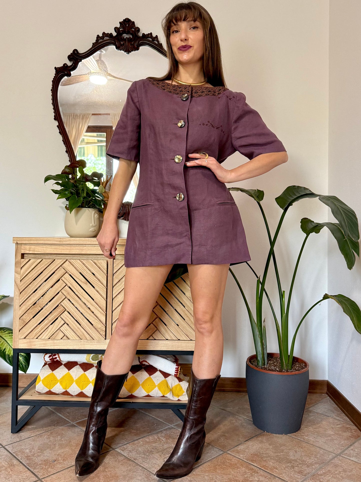 1990's vintage purple linen mini dress with oversize mother of pearl buttons and glass bead detailing