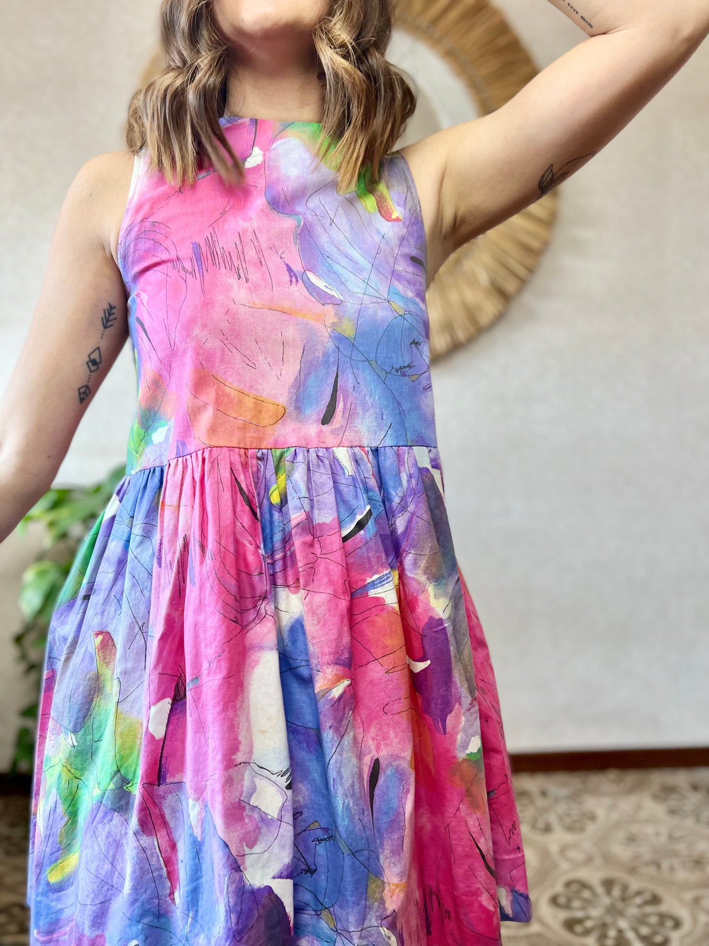 1970's vintage rainbow watercolor abstract print babydoll mini dress