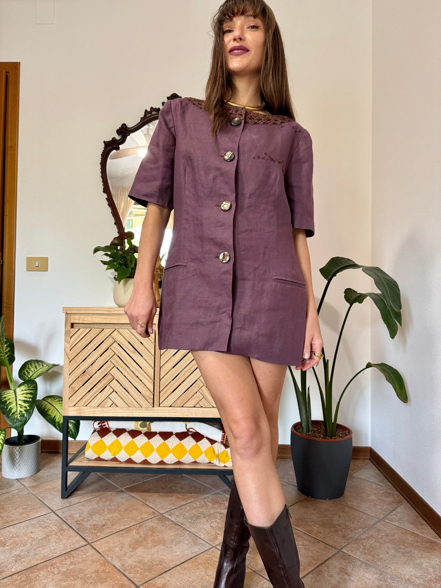 1990's vintage purple linen mini dress with oversize mother of pearl buttons and glass bead detailing
