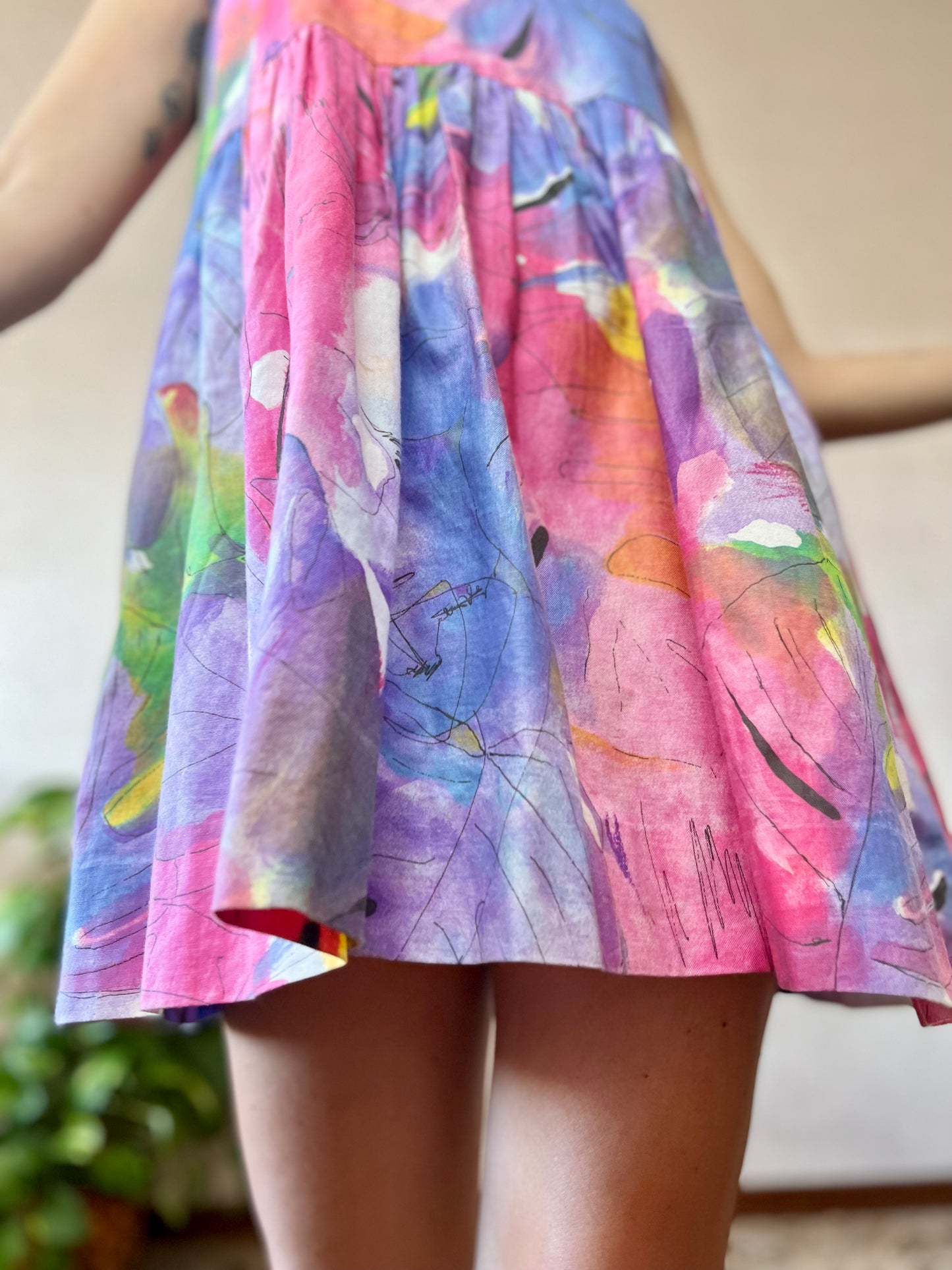 1970's vintage rainbow watercolor abstract print babydoll mini dress