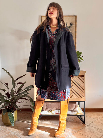 1990's vintage navy blue wool coat with dark green and navy plaid lining