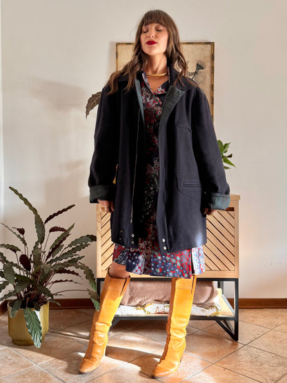 1990's vintage navy blue wool coat with dark green and navy plaid lining