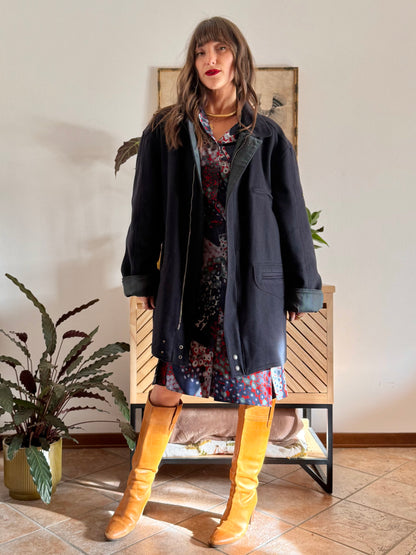 1990's vintage navy blue wool coat with dark green and navy plaid lining