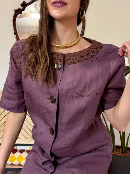 1990's vintage purple linen mini dress with oversize mother of pearl buttons and glass bead detailing