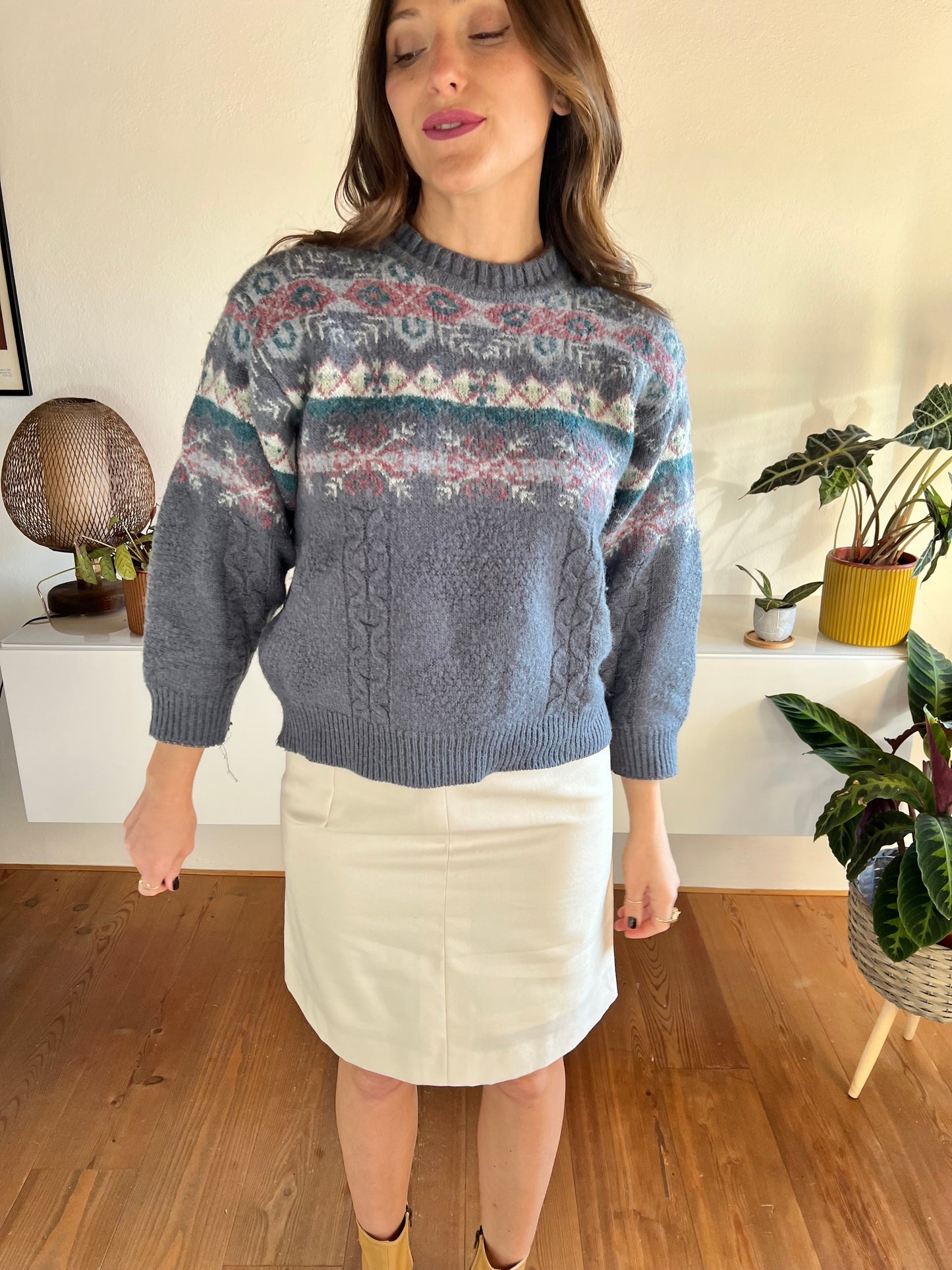 1970's vintage grey and rose fair isle knit wool pullover