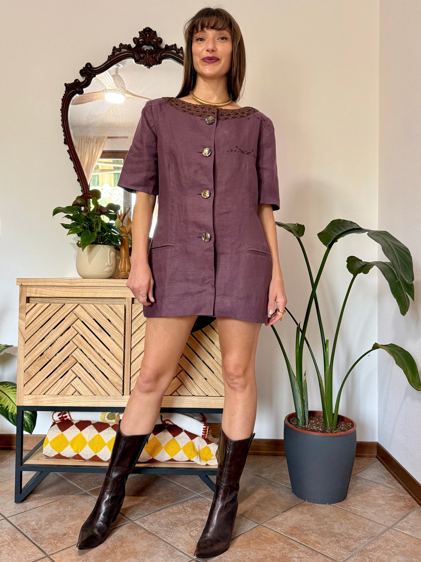 1990's vintage purple linen mini dress with oversize mother of pearl buttons and glass bead detailing