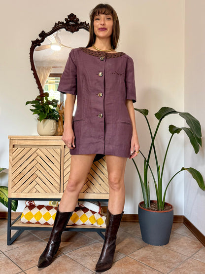 1990's vintage purple linen mini dress with oversize mother of pearl buttons and glass bead detailing