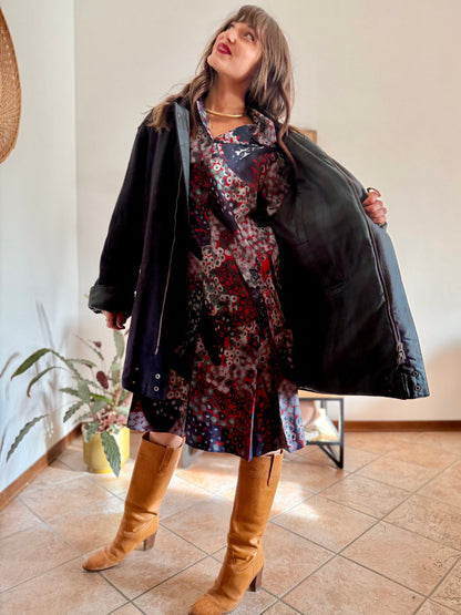 1990's vintage navy blue wool coat with dark green and navy plaid lining