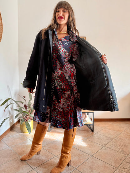 1990's vintage navy blue wool coat with dark green and navy plaid lining