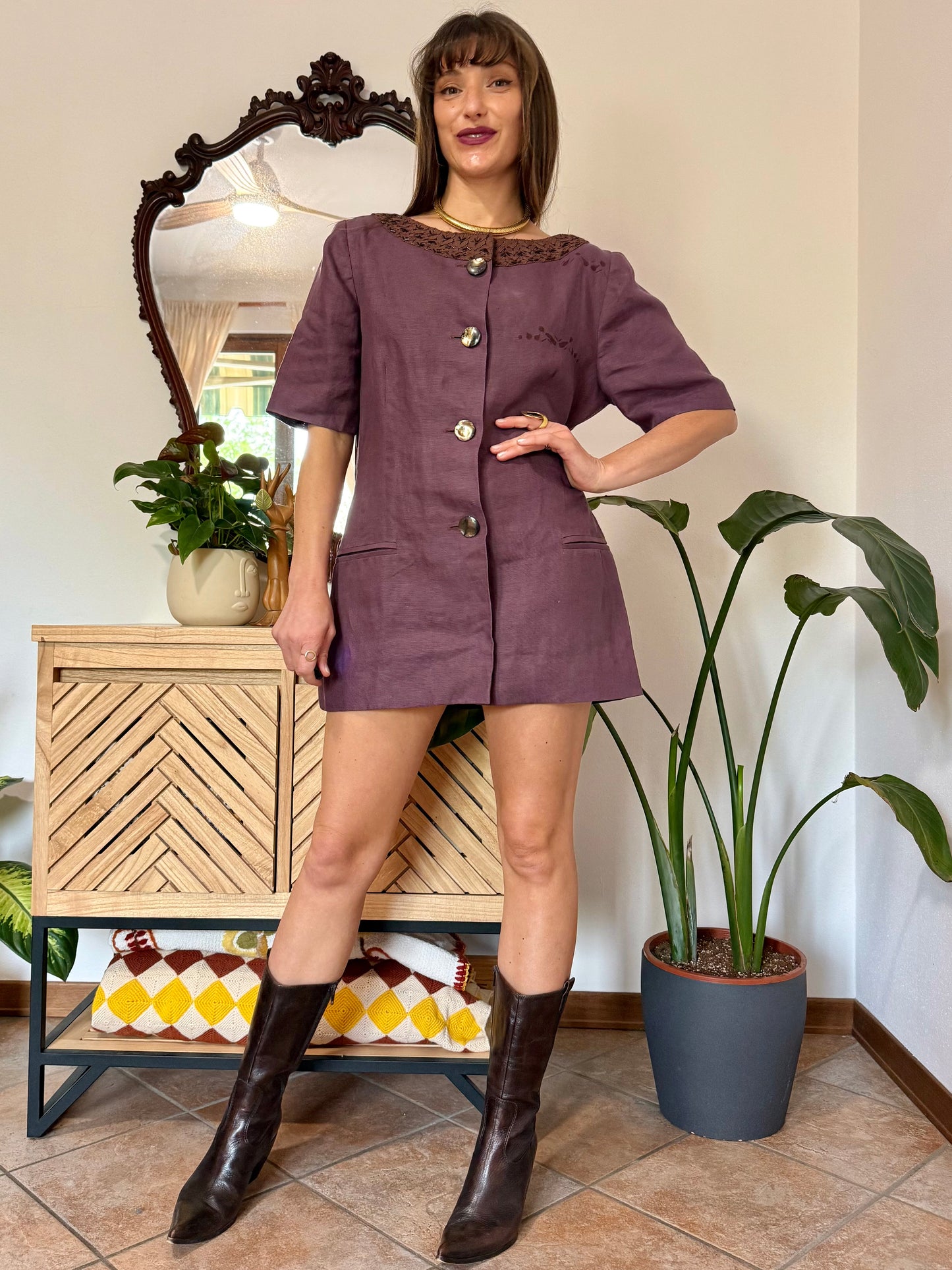 1990's vintage purple linen mini dress with oversize mother of pearl buttons and glass bead detailing