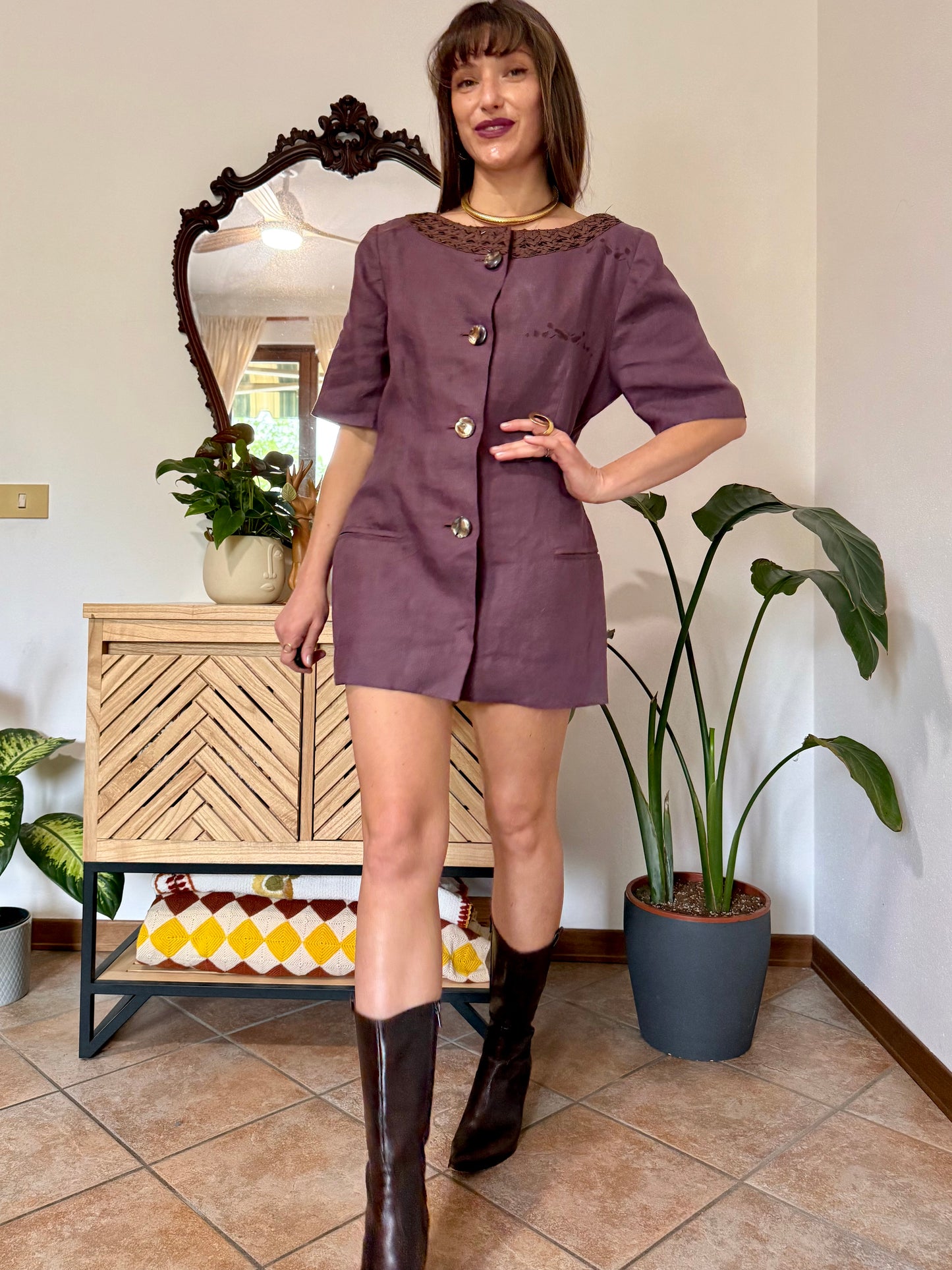 1990's vintage purple linen mini dress with oversize mother of pearl buttons and glass bead detailing